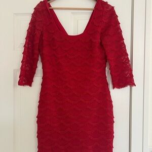 Guess Red Textured Long Sleeve Dress